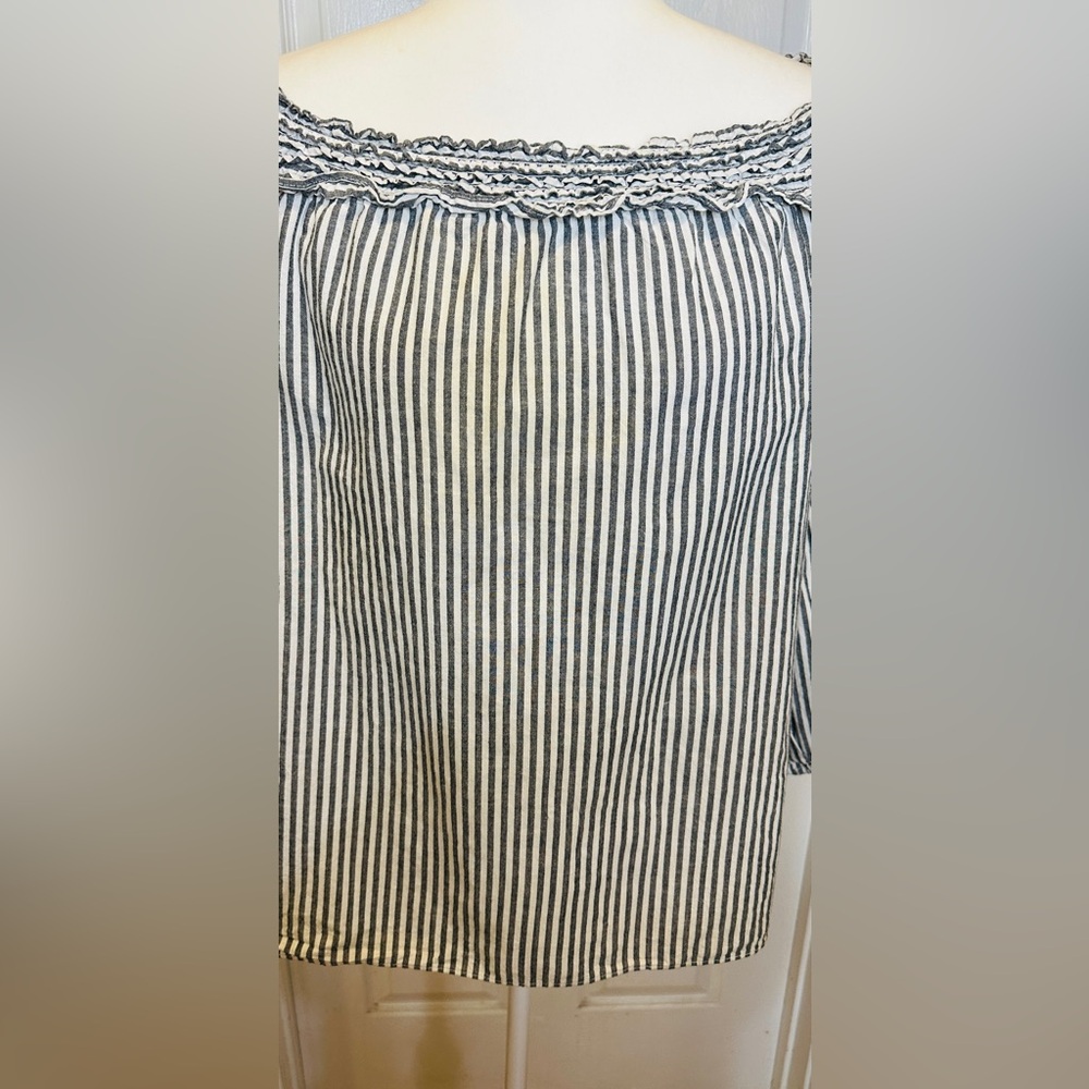 Max Studio Black White Striped Puff Ruffle Long Sleeve Blouse Large - Picture 3 of 10
